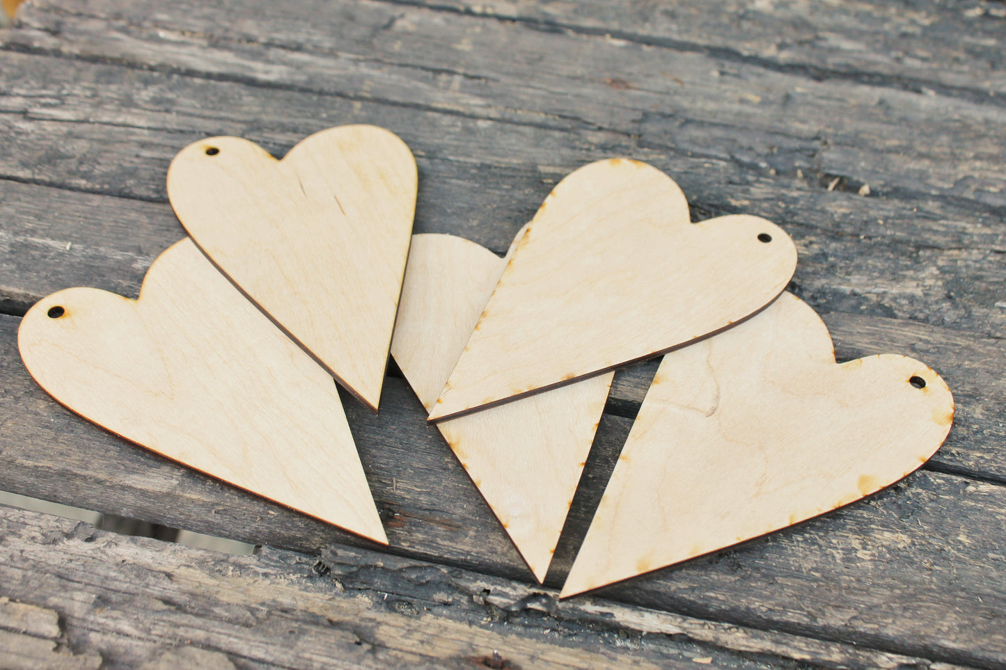 Set of 5 Wooden primitive hearts - unfinished blank - 6.1 inches - Home Decor - Laser cut wood - plywood
