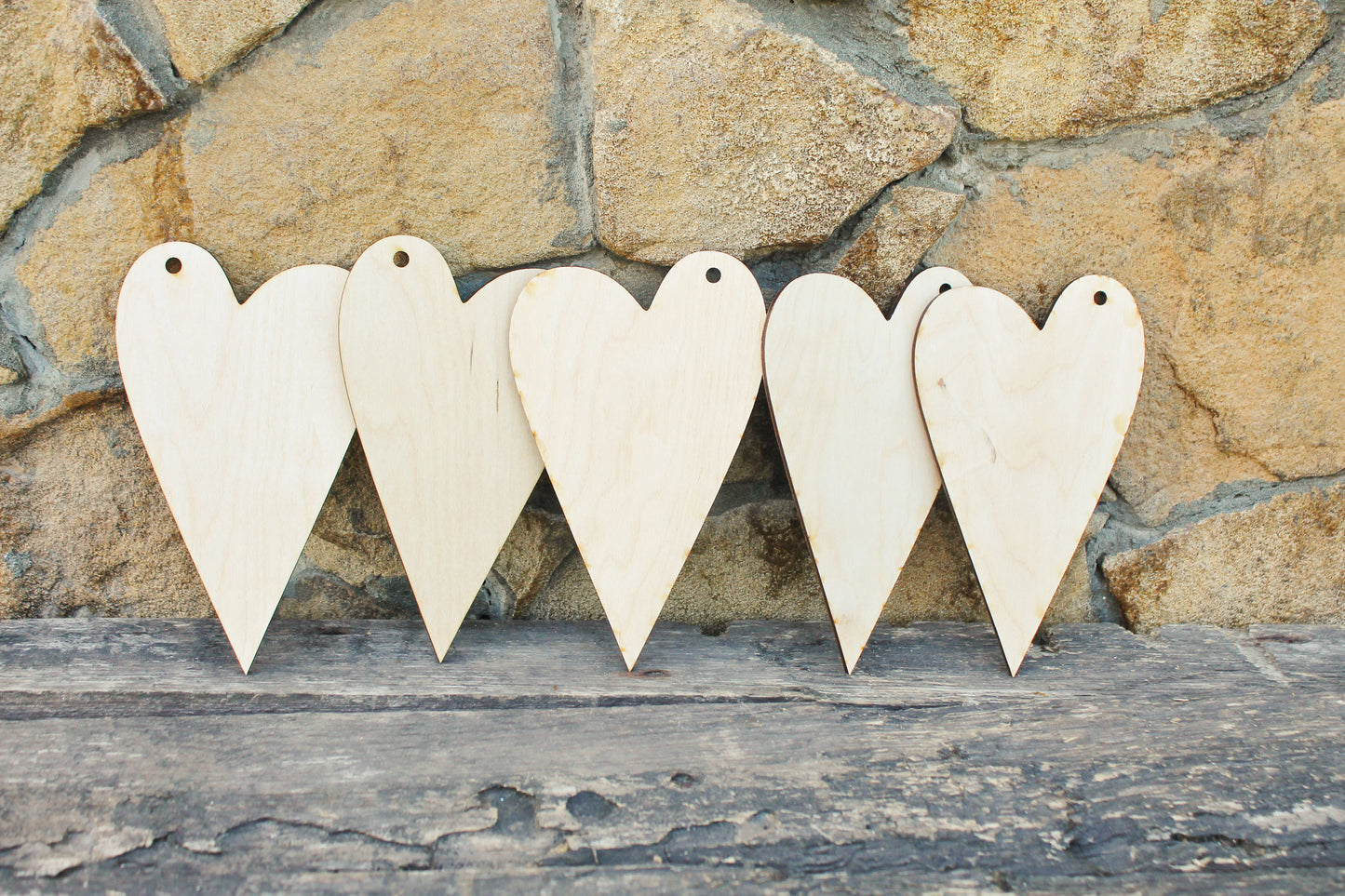 Set of 5 Wooden primitive hearts - unfinished blank - 6.1 inches - Home Decor - Laser cut wood - plywood