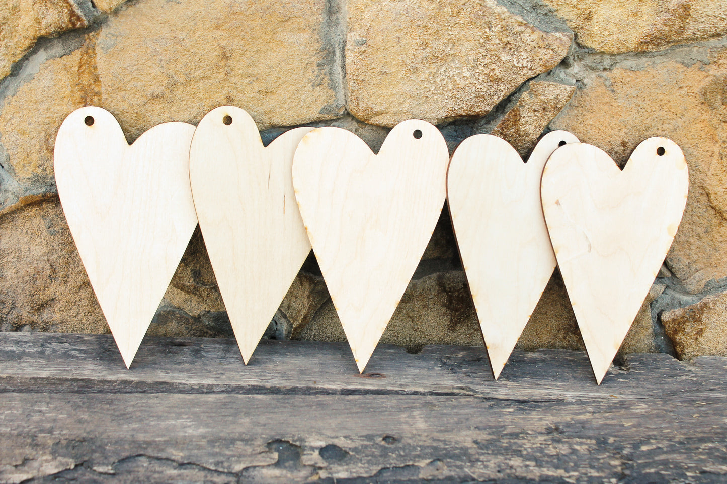 Set of 5 Wooden primitive hearts - unfinished blank - 6.1 inches - Home Decor - Laser cut wood - plywood