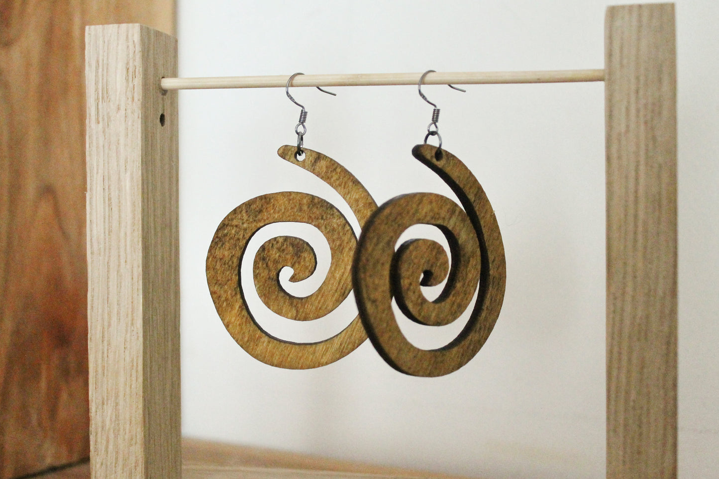 Wooden spiral boho earrings - walnut color - 2.2 inches - with silver plated hooks - handmade earrings