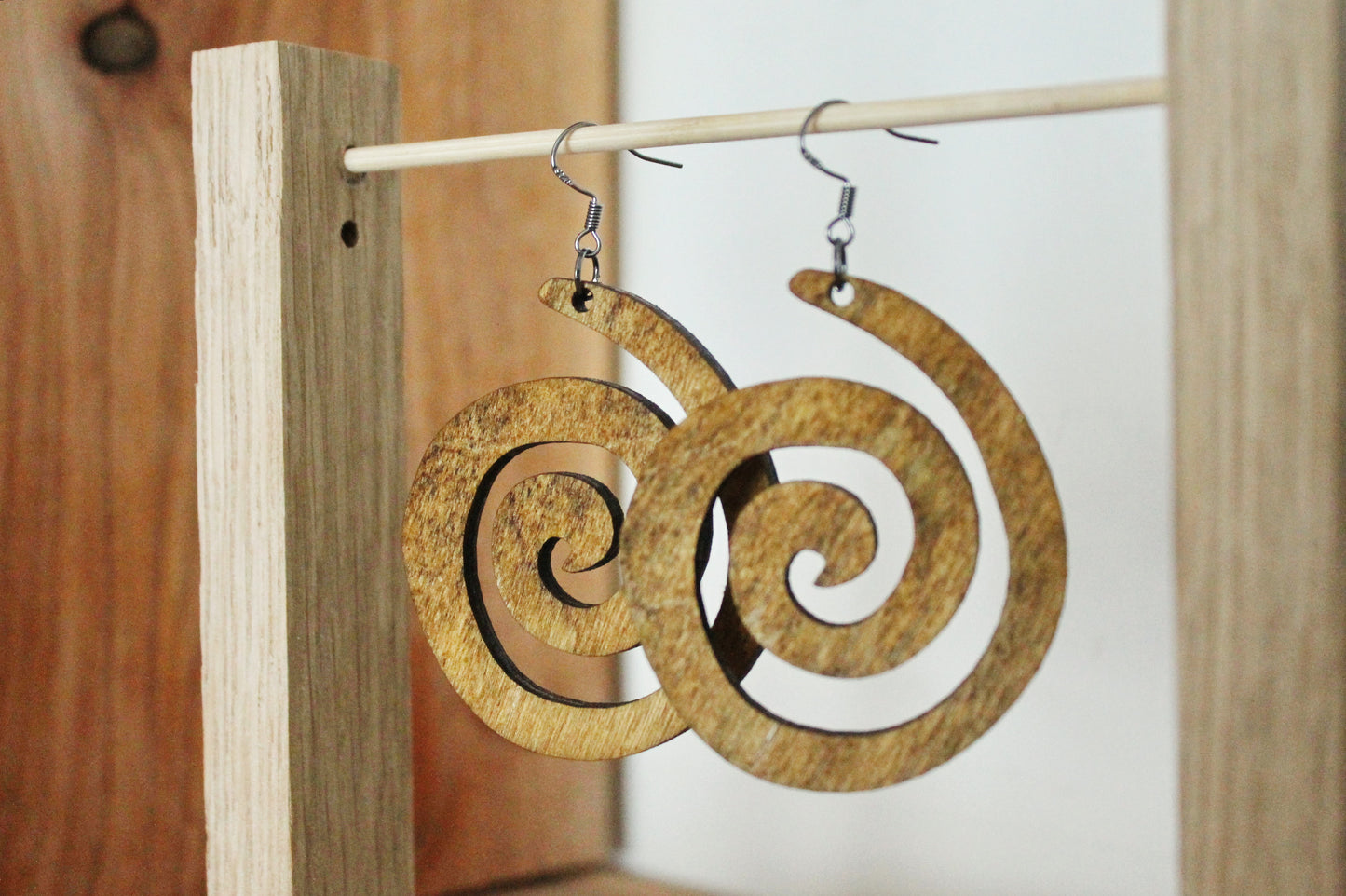 Wooden spiral boho earrings - walnut color - 2.2 inches - with silver plated hooks - handmade earrings