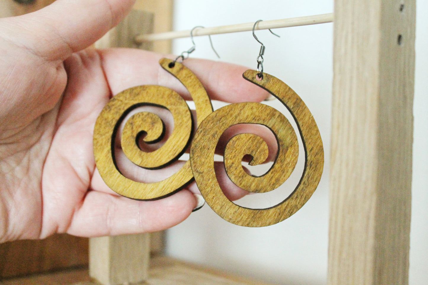 Wooden spiral boho earrings - walnut color - 2.2 inches - with silver plated hooks - handmade earrings