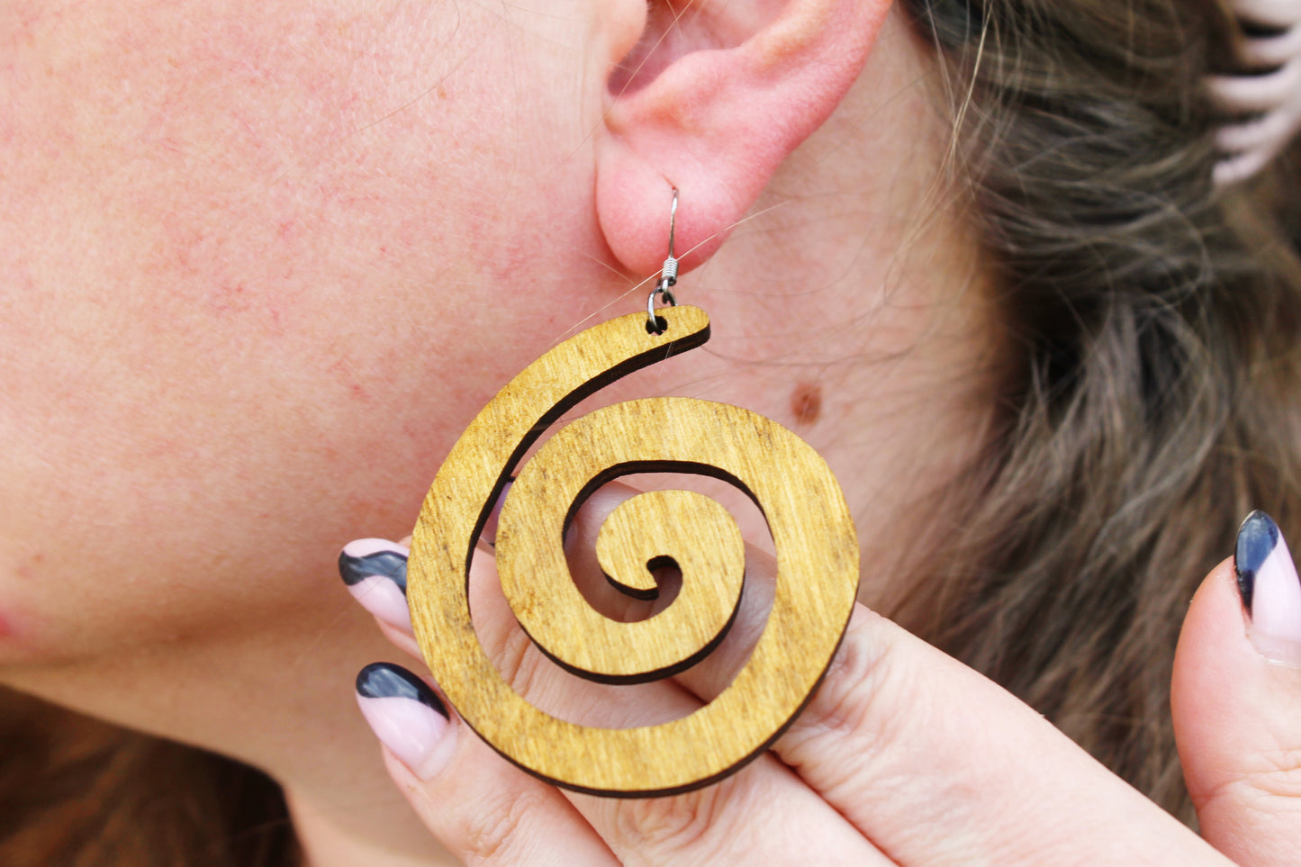 Wooden spiral boho earrings - walnut color - 2.2 inches - with silver plated hooks - handmade earrings