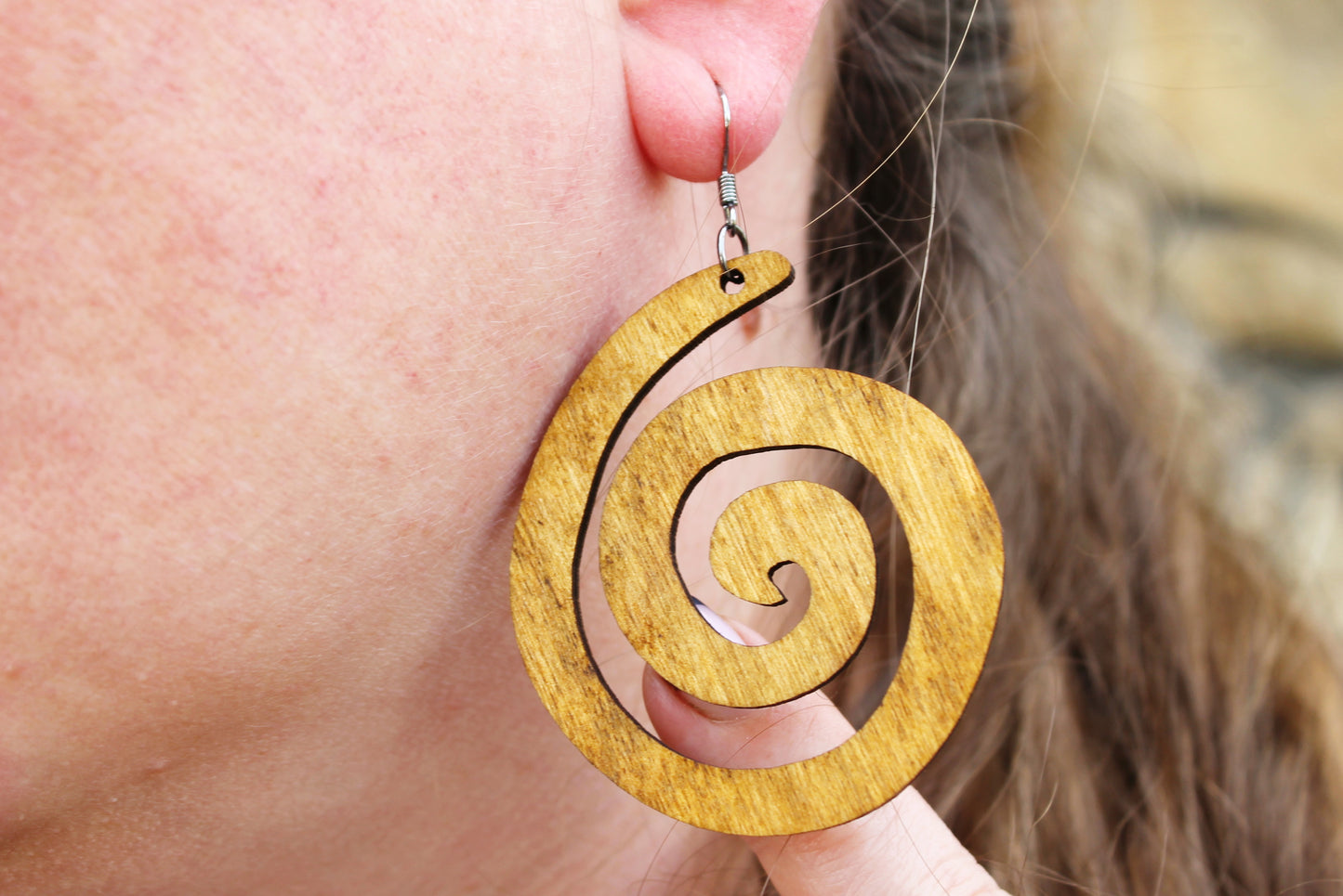 Wooden spiral boho earrings - walnut color - 2.2 inches - with silver plated hooks - handmade earrings