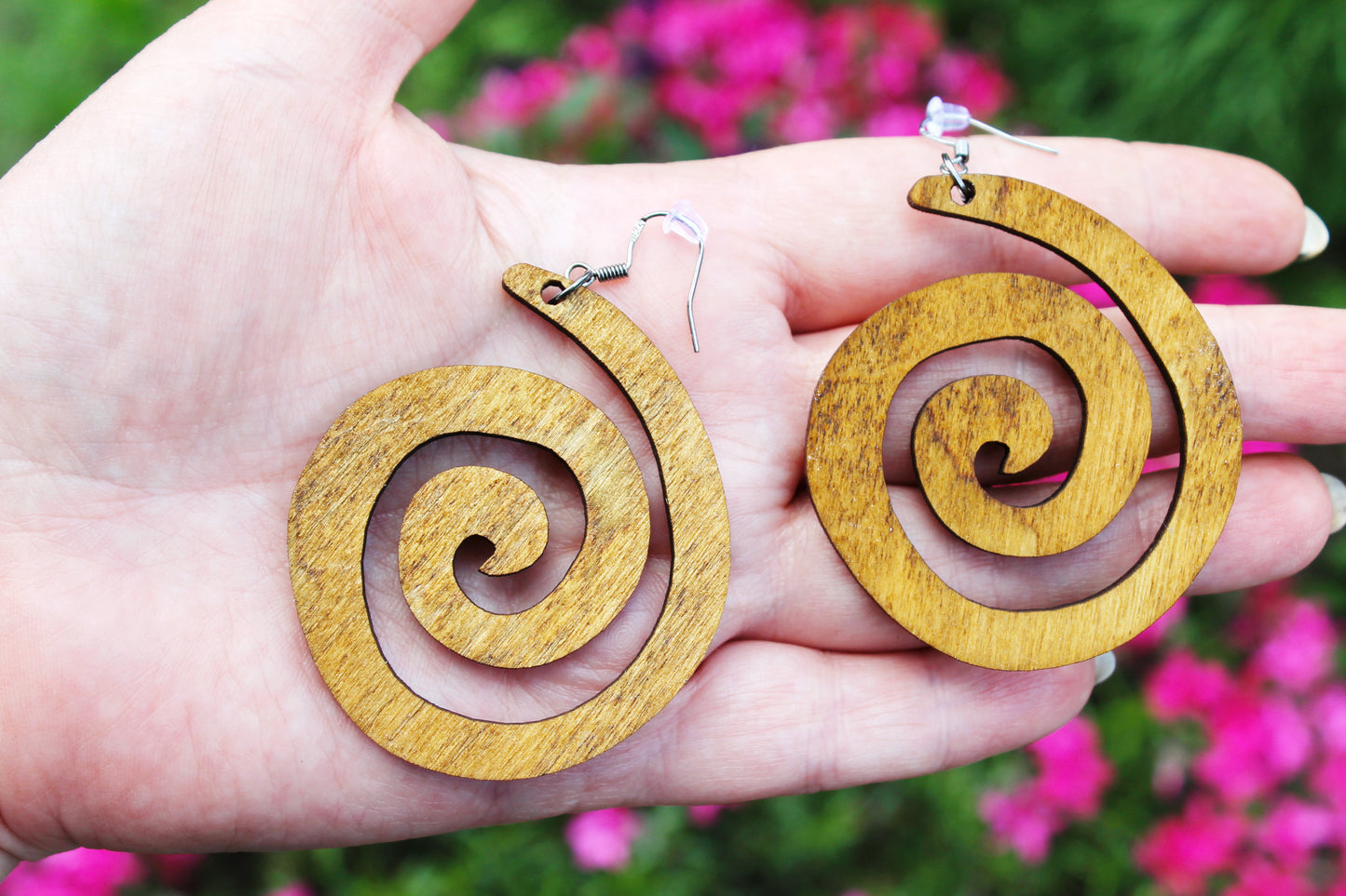 Wooden spiral boho earrings - walnut color - 2.2 inches - with silver plated hooks - handmade earrings