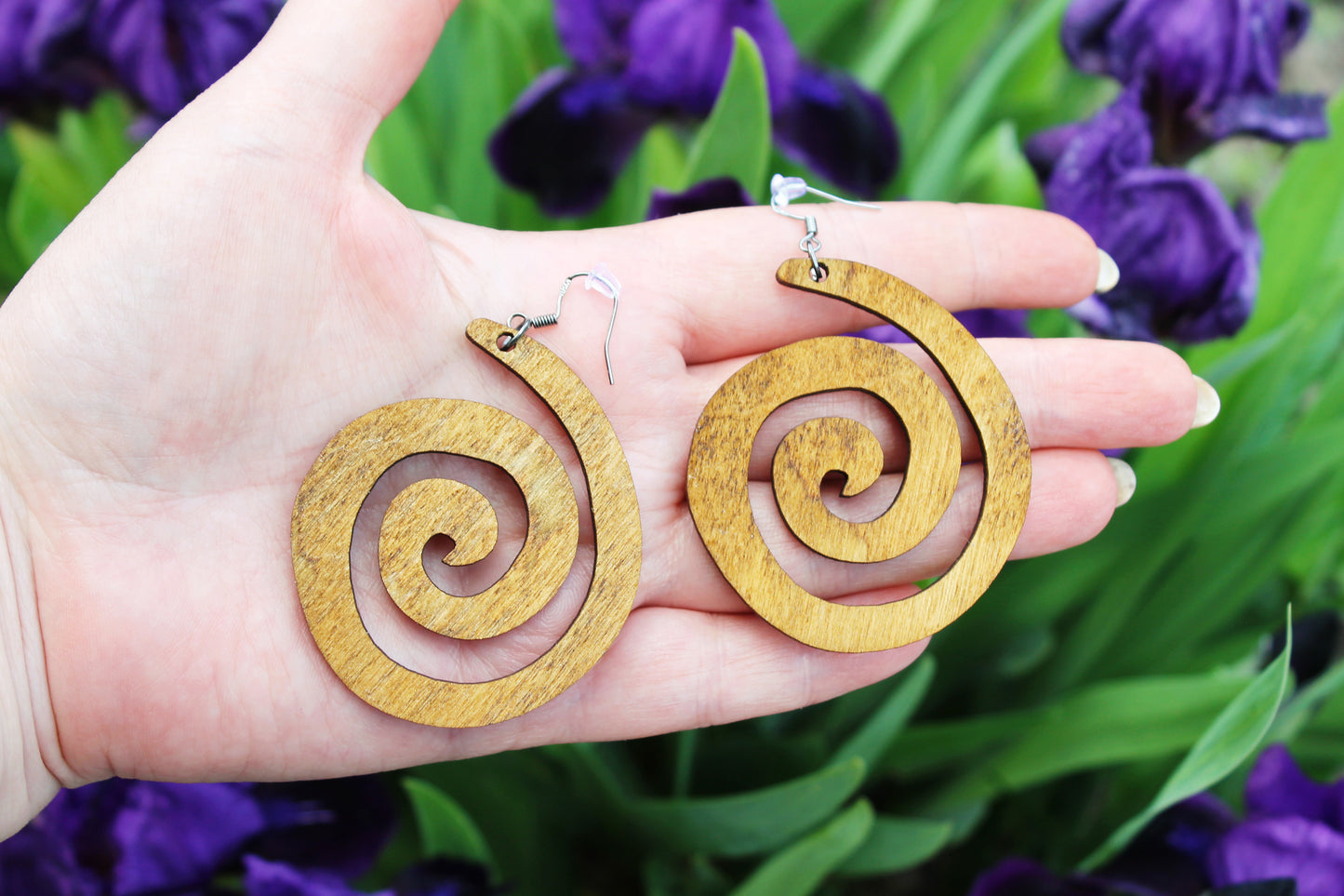 Wooden spiral boho earrings - walnut color - 2.2 inches - with silver plated hooks - handmade earrings