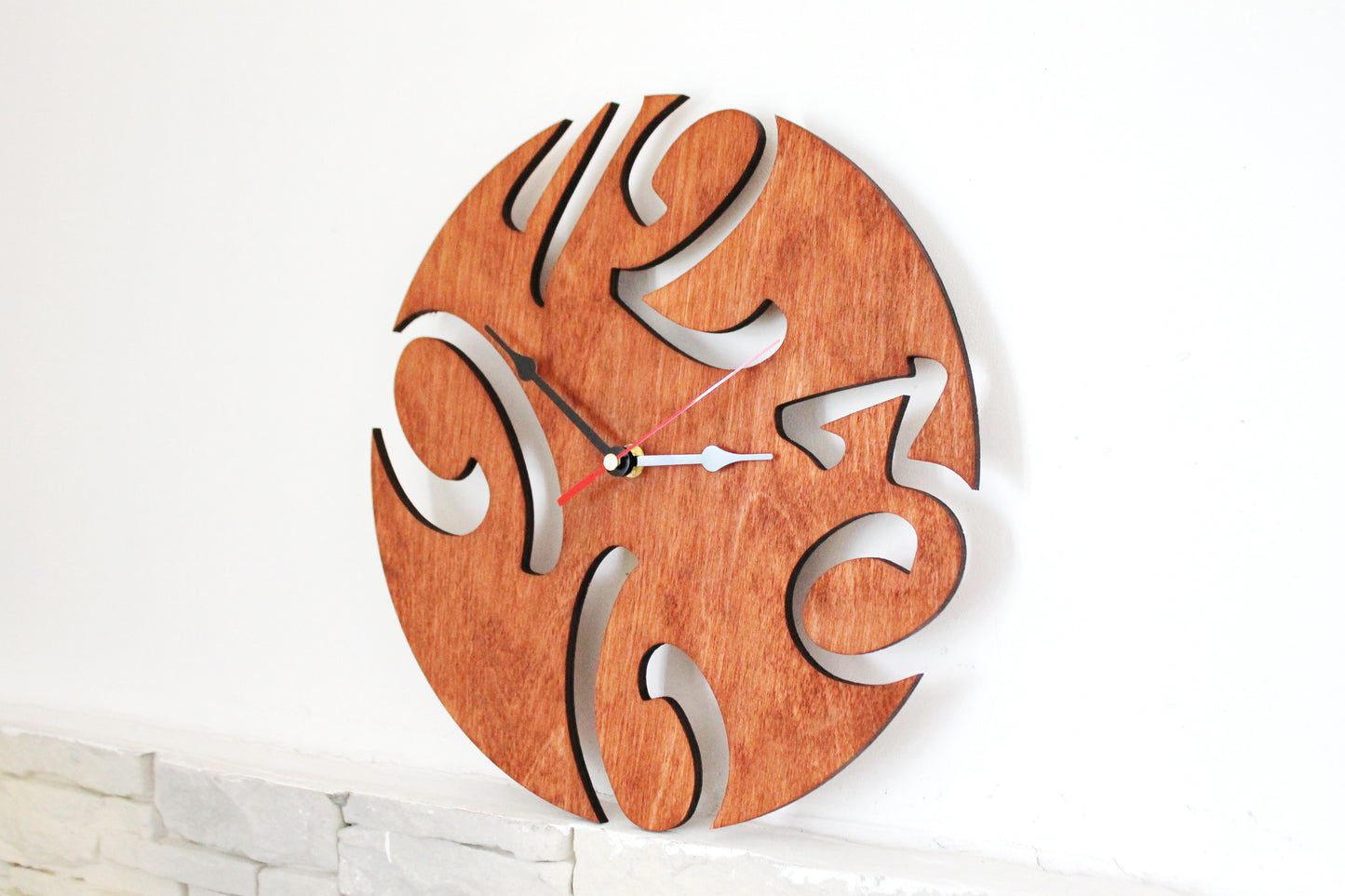 Wooden modern clock - red wood color - 300 mm - 11.8 inches - light and ready to ship - handmade clock - Silent clock mechanism