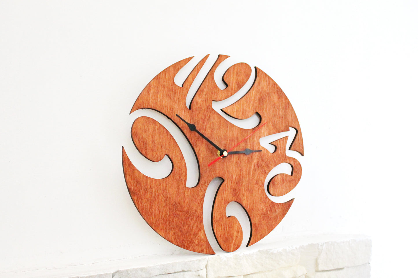 Wooden modern clock - red wood color - 300 mm - 11.8 inches - light and ready to ship - handmade clock - Silent clock mechanism