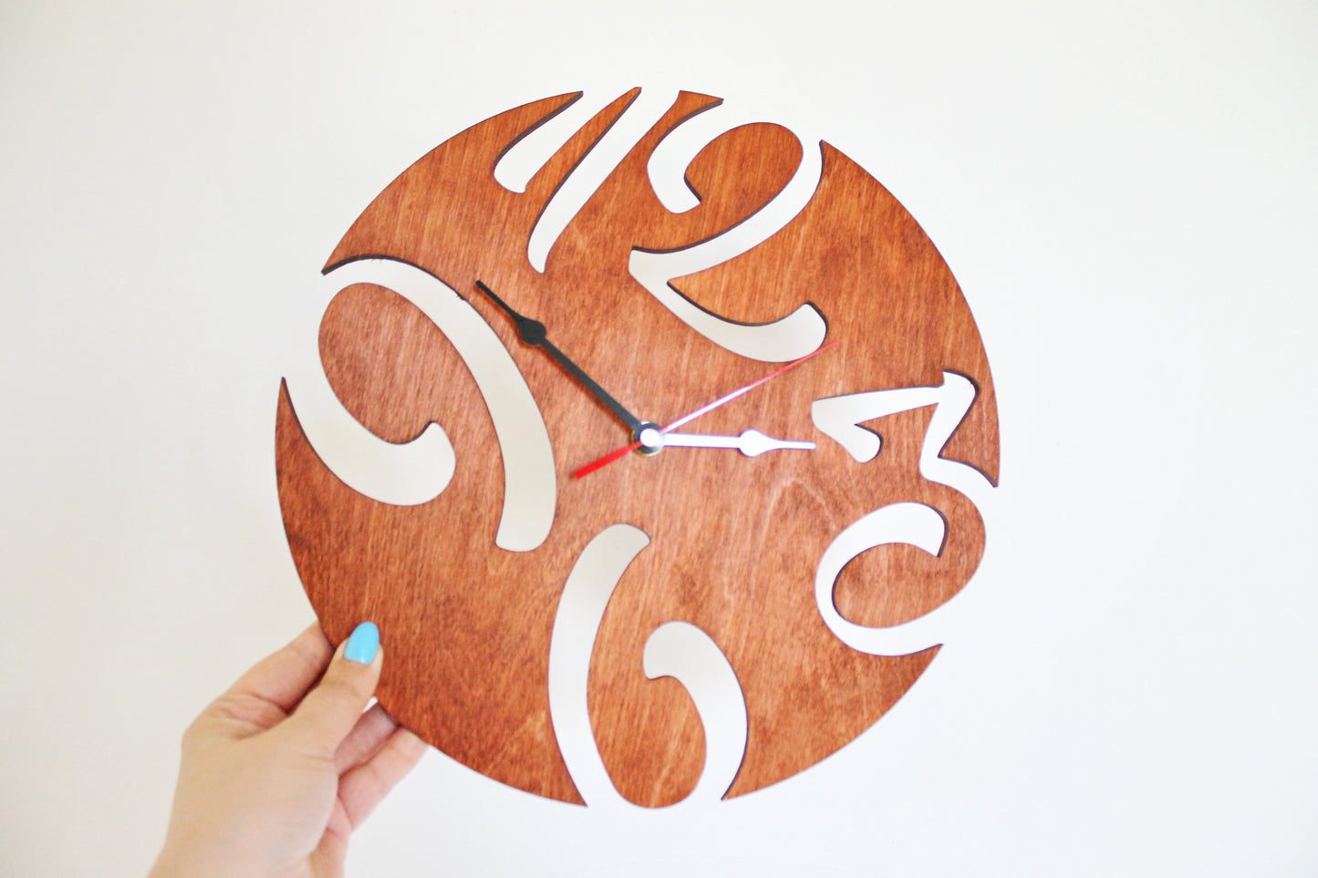 Wooden modern clock - red wood color - 300 mm - 11.8 inches - light and ready to ship - handmade clock - Silent clock mechanism