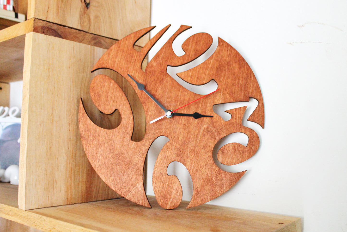 Wooden modern clock - red wood color - 300 mm - 11.8 inches - light and ready to ship - handmade clock - Silent clock mechanism