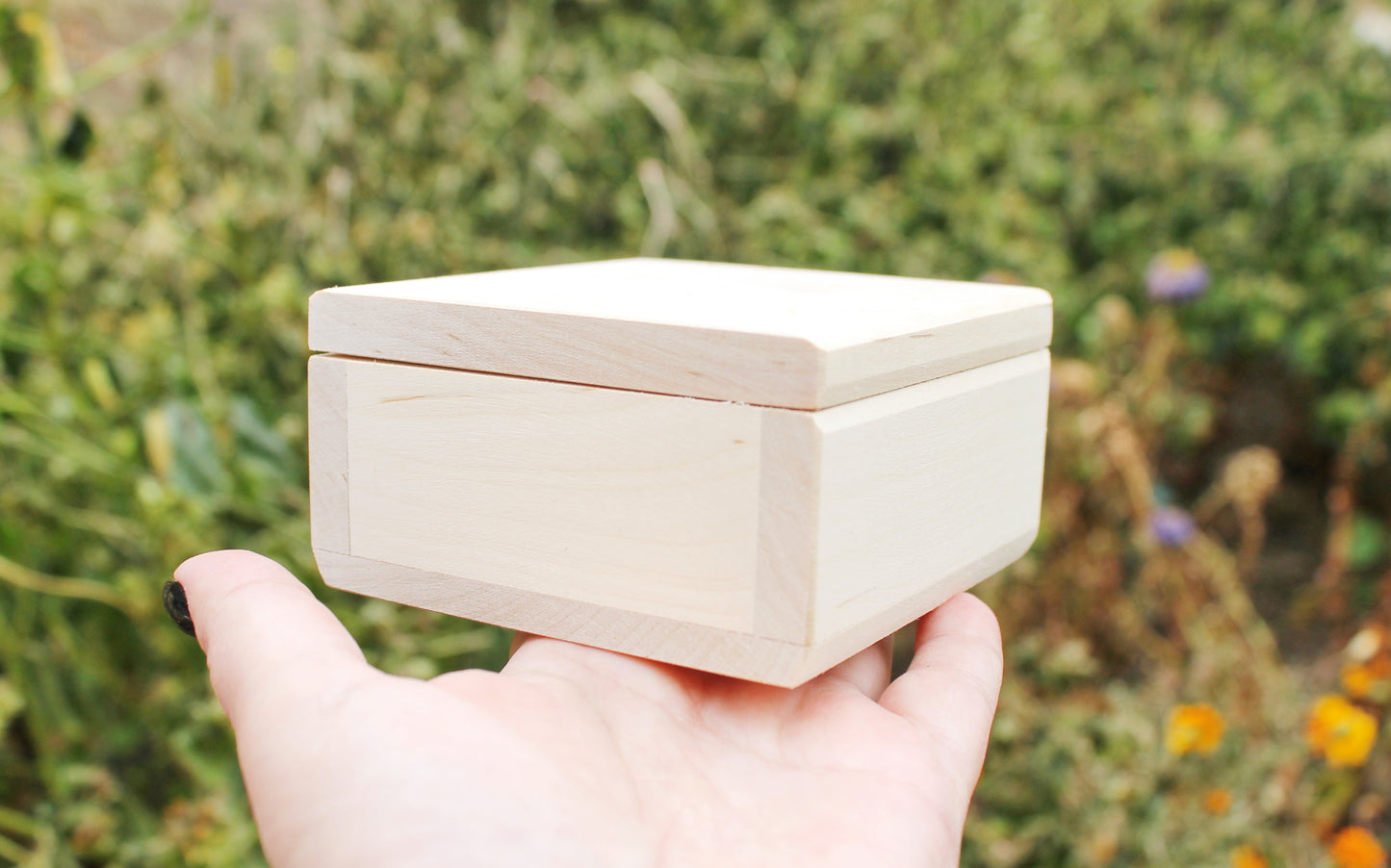 Square unfinished wooden box - 100 mm - 3.9 inches - with lid on hinges- natural, eco friendly birch wood