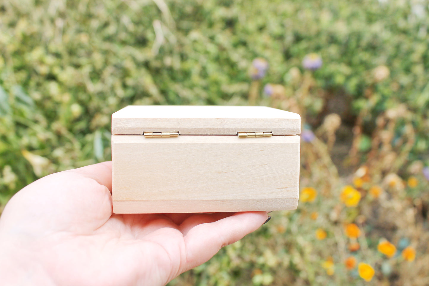 Square unfinished wooden box - 100 mm - 3.9 inches - with lid on hinges- natural, eco friendly birch wood