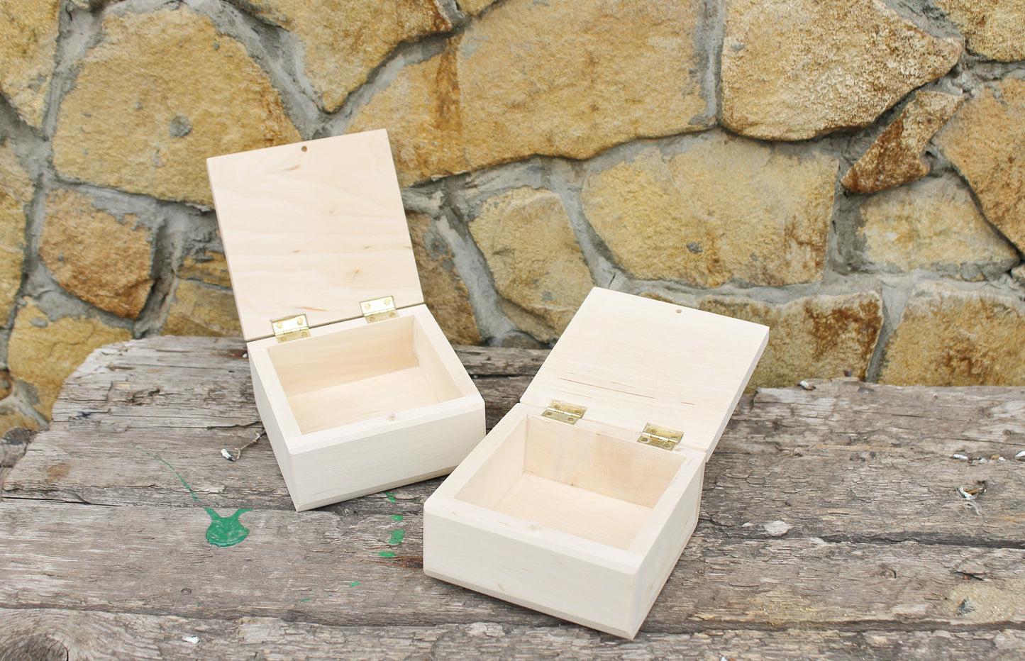 Square unfinished wooden box - 100 mm - 3.9 inches - with lid on hinges- natural, eco friendly birch wood