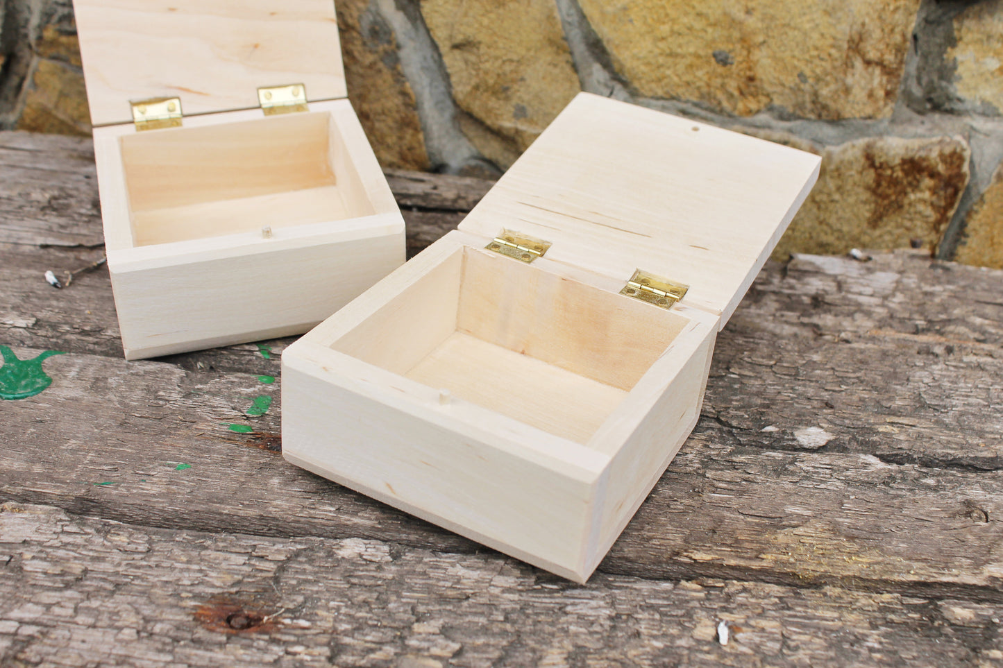 Square unfinished wooden box - 100 mm - 3.9 inches - with lid on hinges- natural, eco friendly birch wood