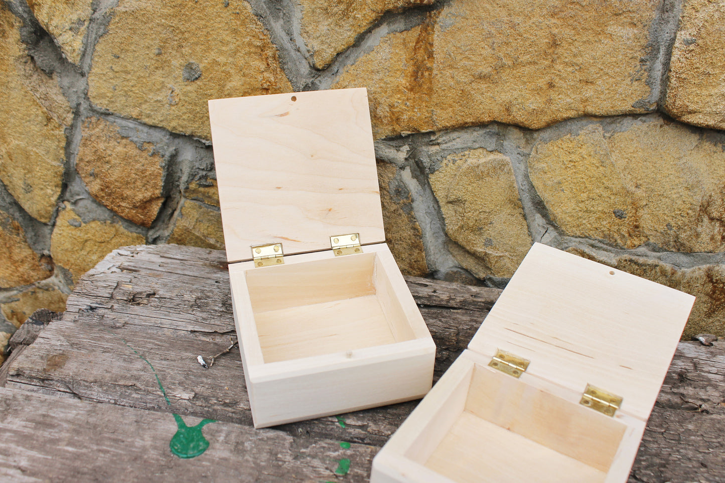 Square unfinished wooden box - 100 mm - 3.9 inches - with lid on hinges- natural, eco friendly birch wood