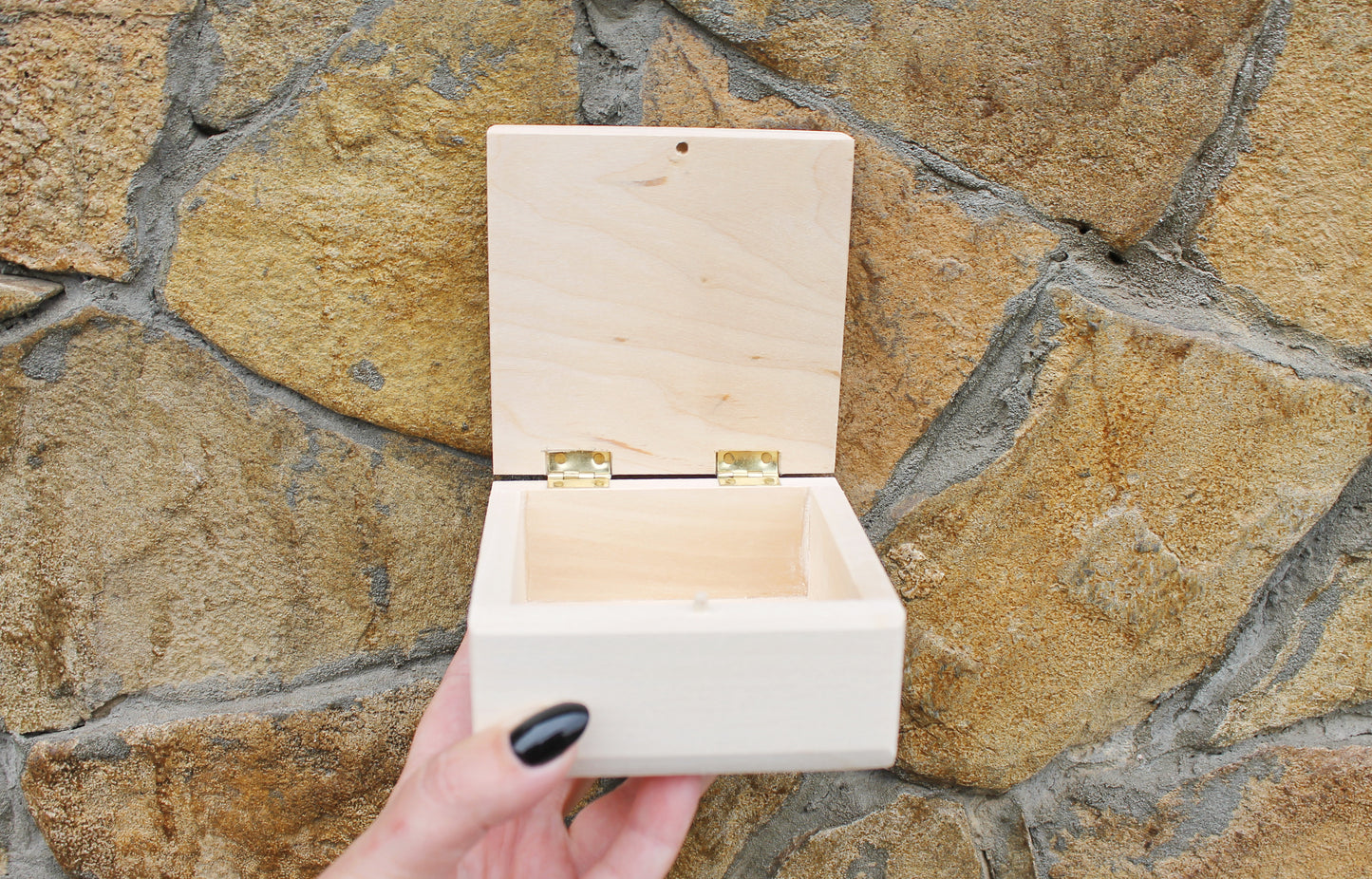 Square unfinished wooden box - 100 mm - 3.9 inches - with lid on hinges- natural, eco friendly birch wood