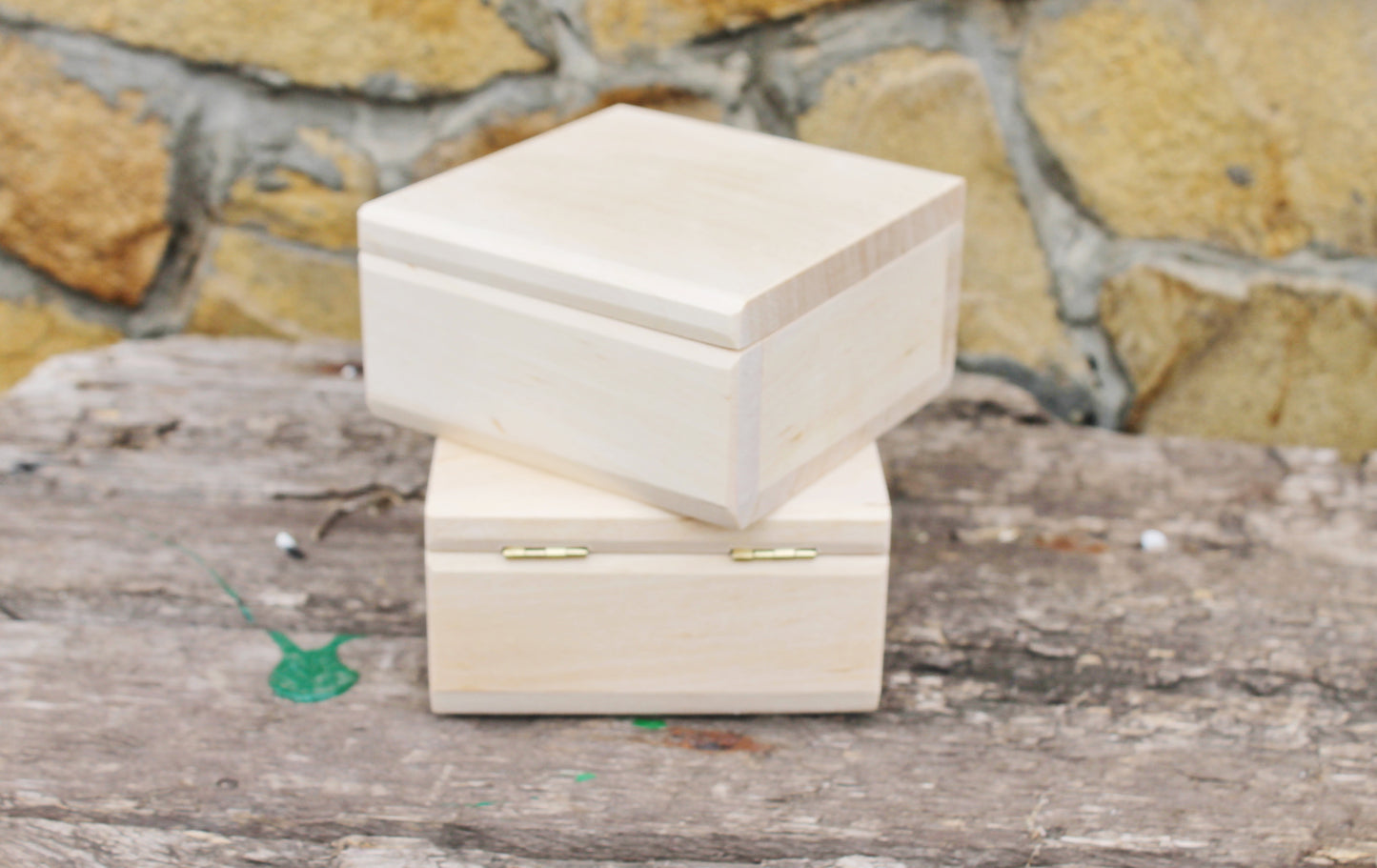 Square unfinished wooden box - 100 mm - 3.9 inches - with lid on hinges- natural, eco friendly birch wood