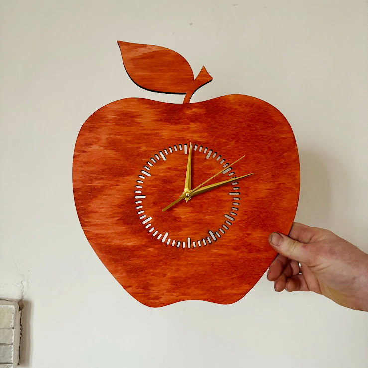 Apple Shaped Wall Clock, Birch Plywood Laser Cut Clock, Silent Quartz Kitchen or Dining Decor