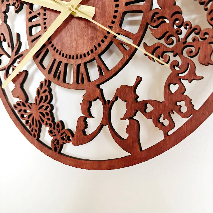 Butterfly Garden Wall Clock, Laser Cut Floral Clock, Cherry Wood Stained Birch Plywood, Silent Wall Decor, Nature Inspired Home Art