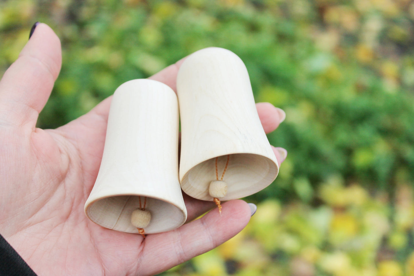 Set of 2 Wooden Bells – 2.7" (68 mm) – With Bead Clapper – Natural Christmas Bells – Eco Friendly Wooden Craft Supply