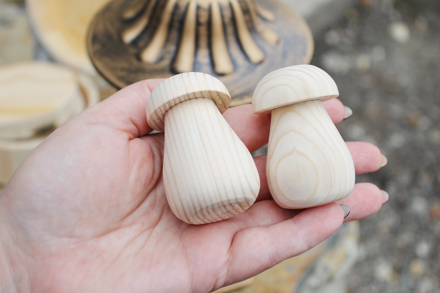 Set of two Wooden mushrooms - 60 mm - 2.4 inches - unfinished wooden handmade mushrooms - made of spruce wood