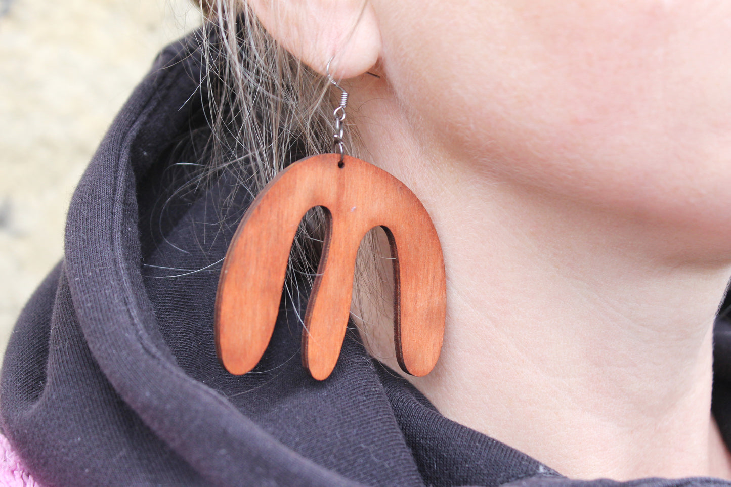 Wooden unique boho earrings - red wood color - 2.3 inches - with silver plated hooks - handmade earrings