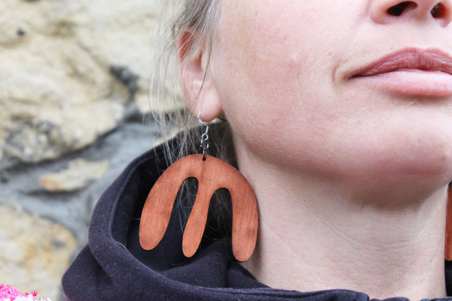 Wooden unique boho earrings - red wood color - 2.3 inches - with silver plated hooks - handmade earrings