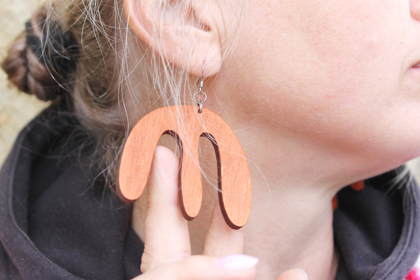 Wooden unique boho earrings - red wood color - 2.3 inches - with silver plated hooks - handmade earrings