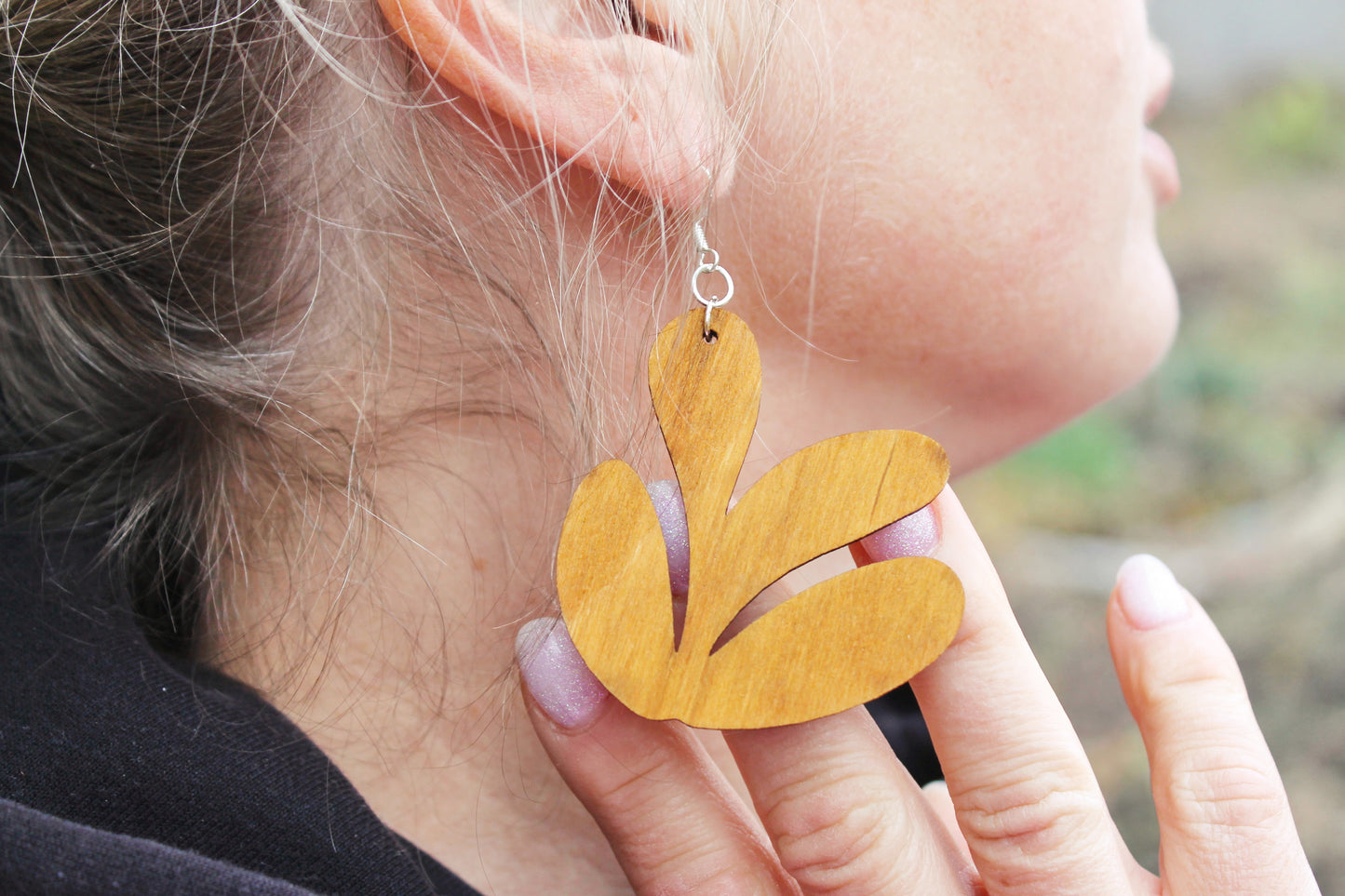 Wooden unique boho earrings - walnut color - 2.2 inches - with silver plated hooks - handmade earrings