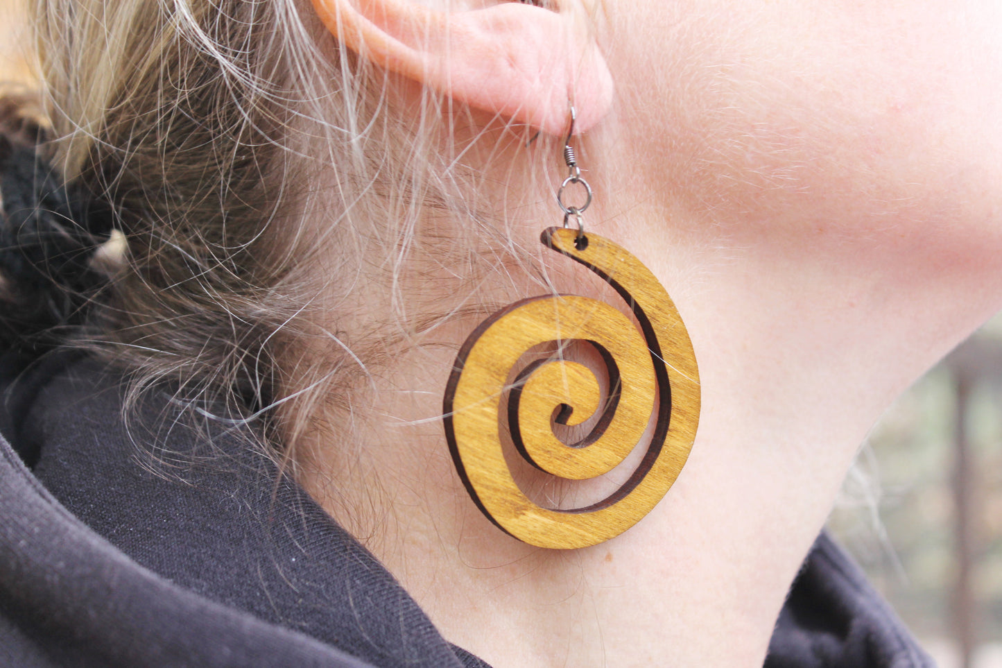 Wooden spiral boho earrings - walnut color - 2.2 inches - with silver plated hooks - handmade earrings