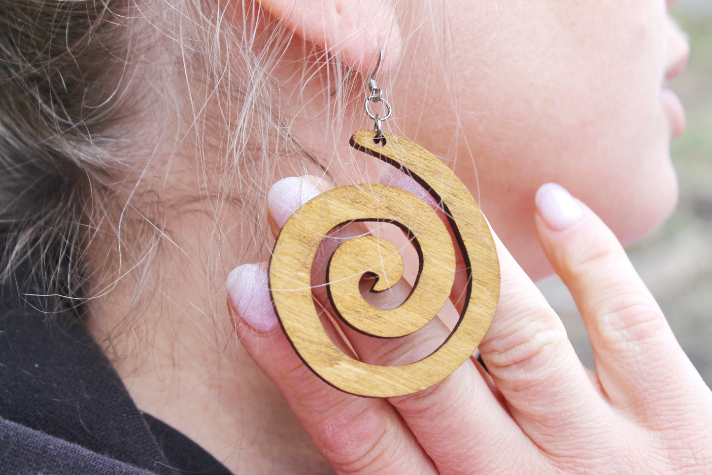 Wooden spiral boho earrings - walnut color - 2.2 inches - with silver plated hooks - handmade earrings