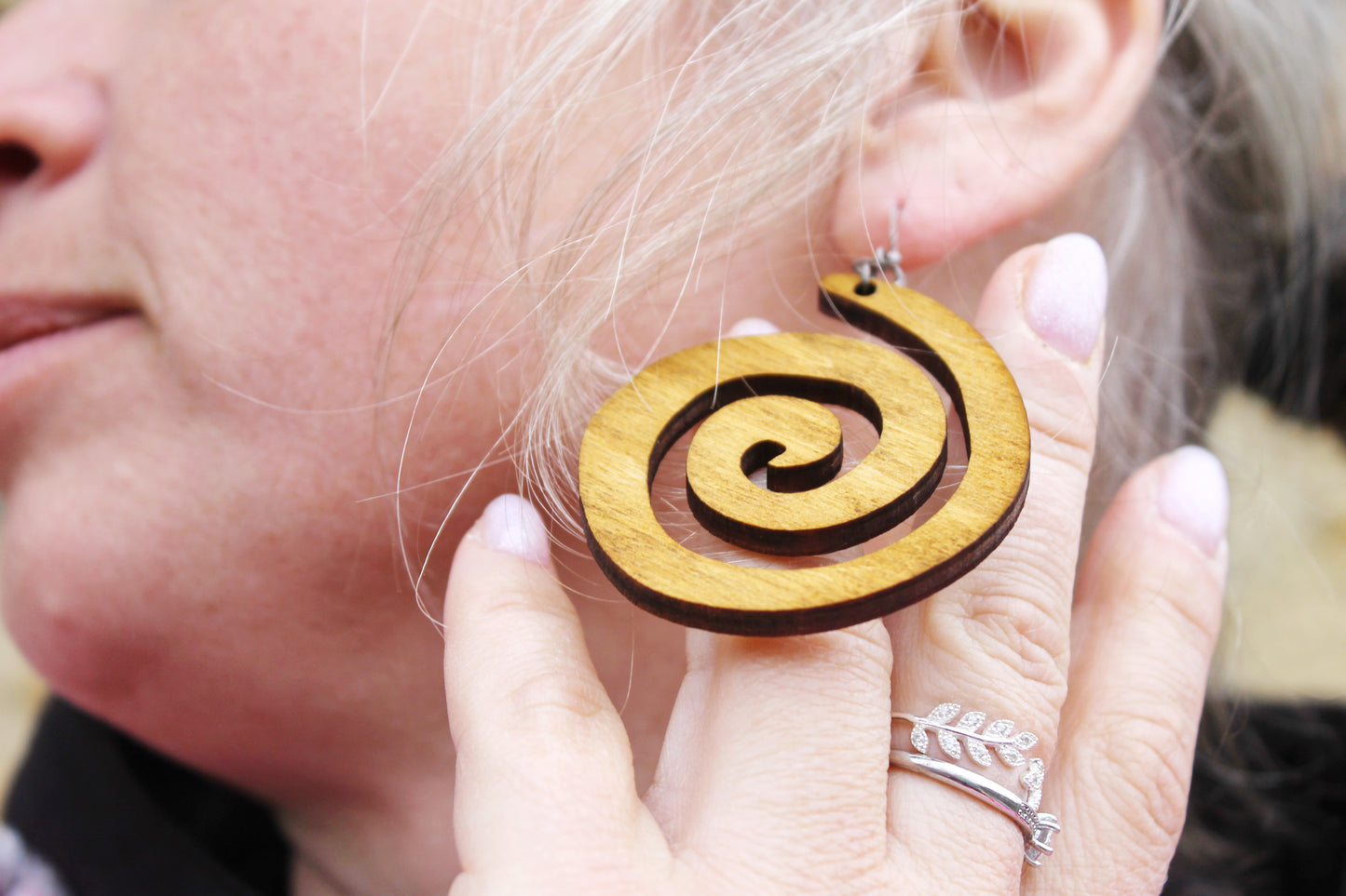 Wooden spiral boho earrings - walnut color - 2.2 inches - with silver plated hooks - handmade earrings