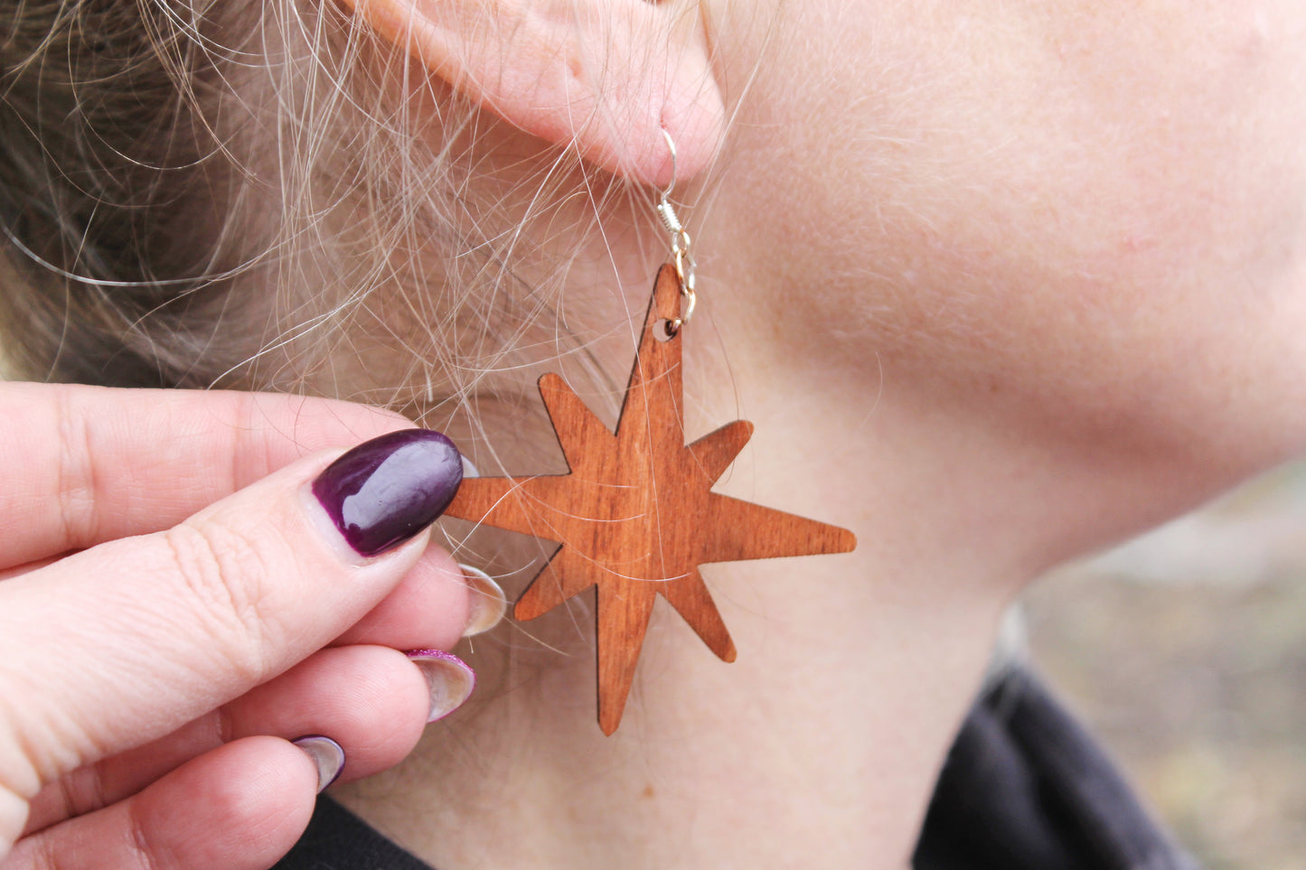 Wooden unique boho star earrings - red wood color - 2.2 inches - with silver plated hooks - handmade earrings