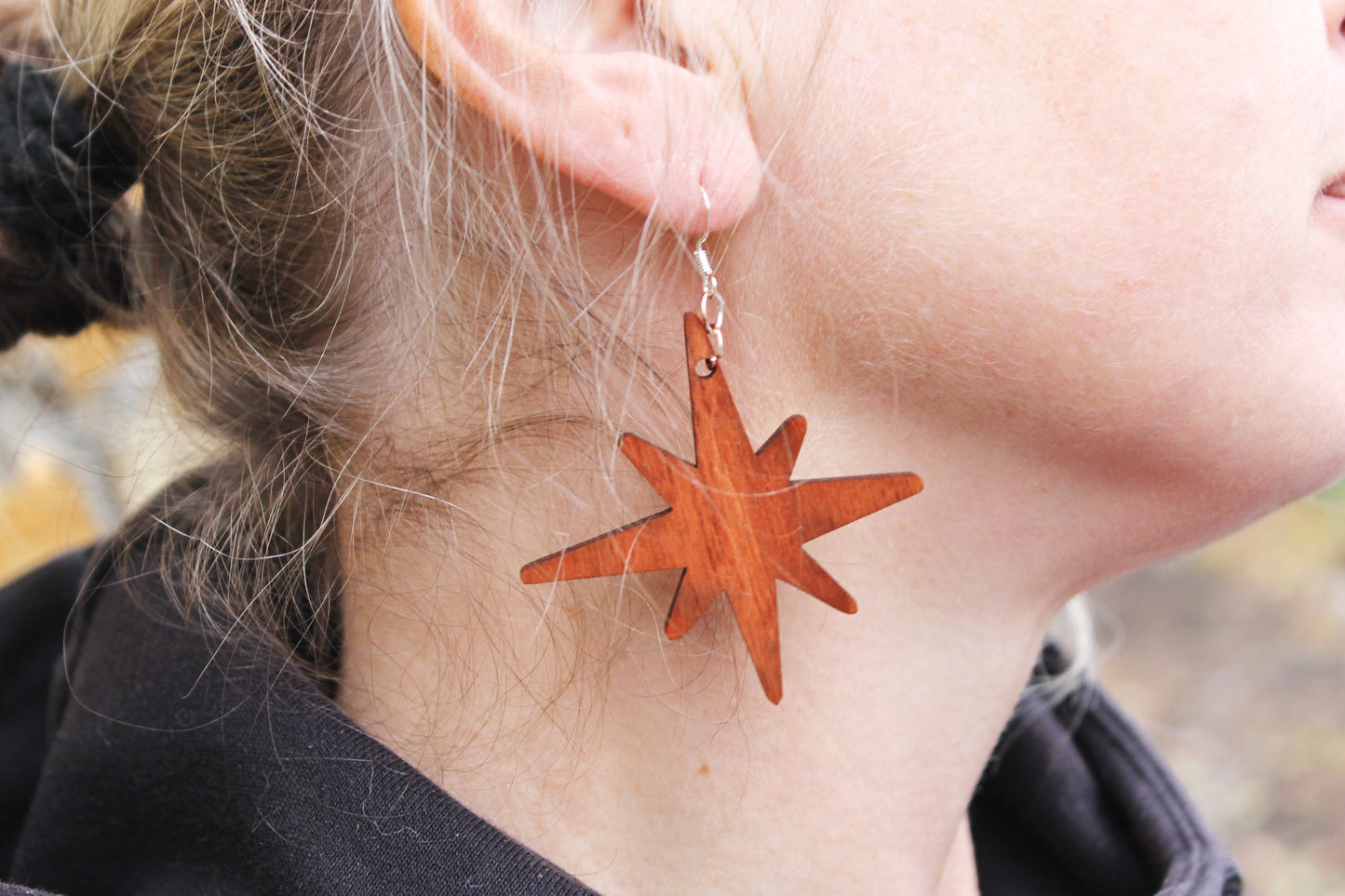 Wooden unique boho star earrings - red wood color - 2.2 inches - with silver plated hooks - handmade earrings