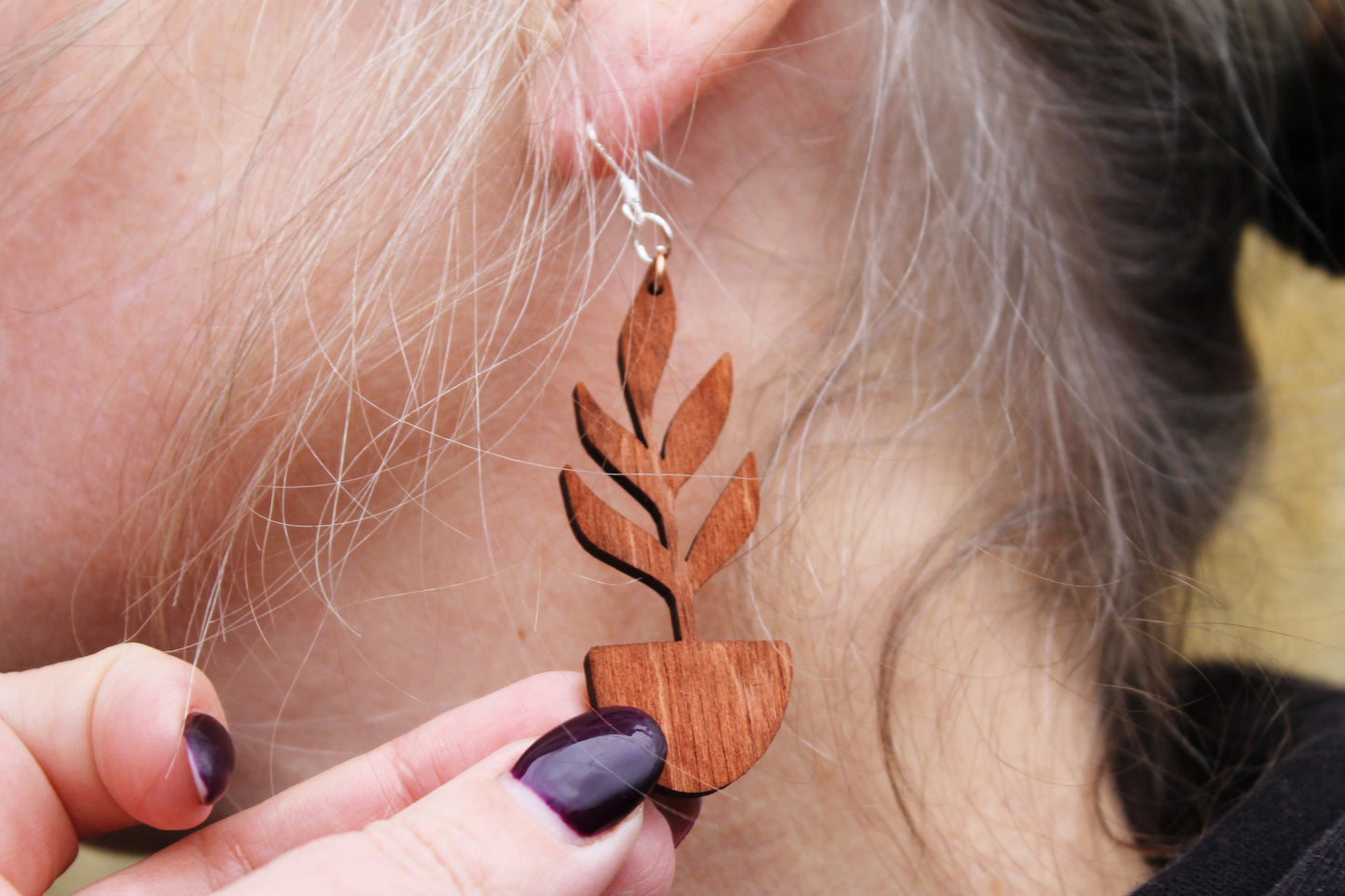 Wooden unique boho houseplant earrings - red wood color - 2.4 inches - with silver plated hooks - handmade earrings