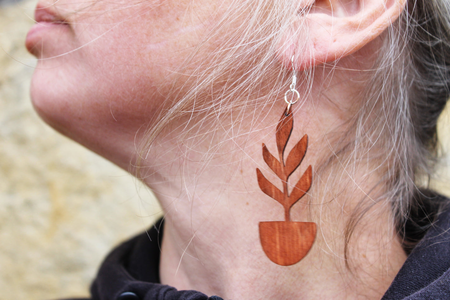 Wooden unique boho houseplant earrings - red wood color - 2.4 inches - with silver plated hooks - handmade earrings