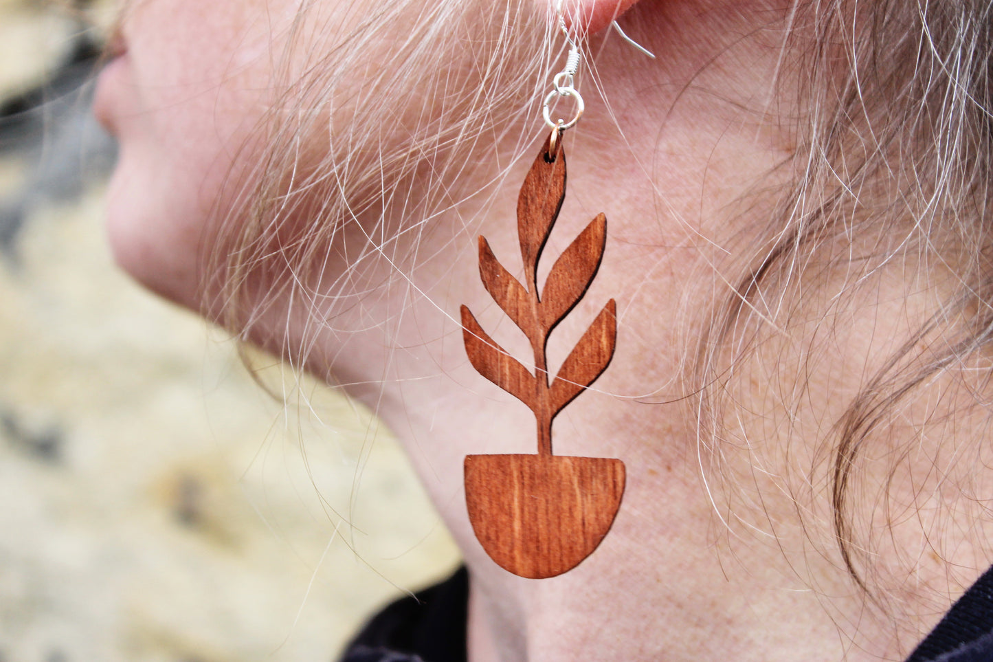 Wooden unique boho houseplant earrings - red wood color - 2.4 inches - with silver plated hooks - handmade earrings