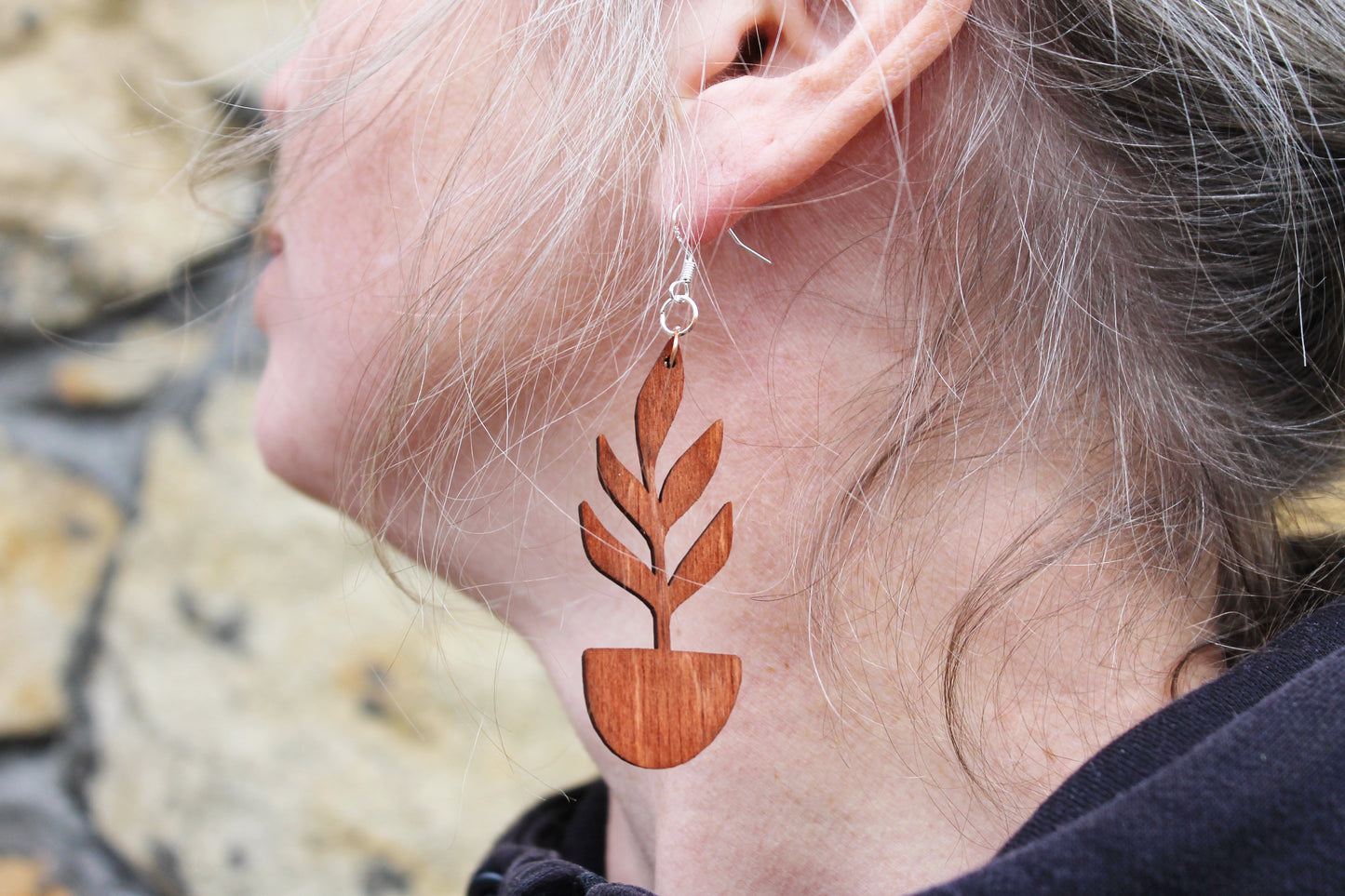 Wooden unique boho houseplant earrings - red wood color - 2.4 inches - with silver plated hooks - handmade earrings