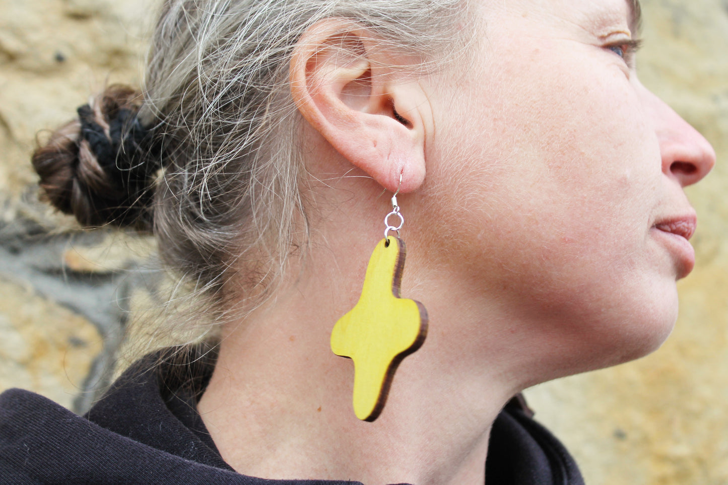 Handmade Yellow Wooden Earrings – Handmade Birch Plywood, Laser Cut, Lightweight Eco-Friendly Jewelry with silver plated hooks - 2.3 inches