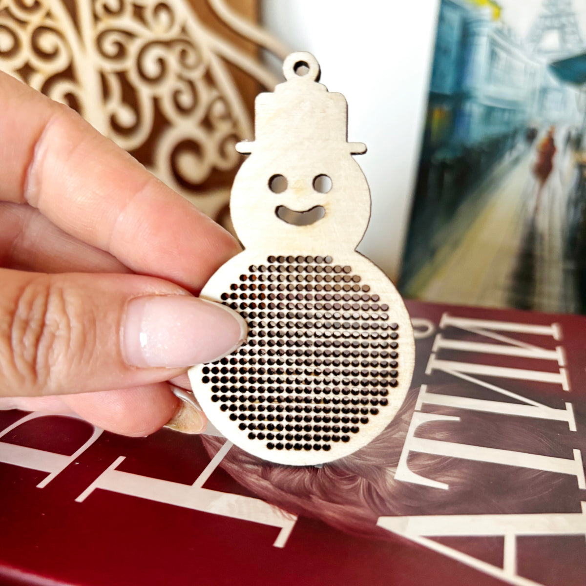 Snowman Cross Stitch Blank Wooden Ornament DIY Embroidery Pendant Laser Cut Plywood Christmas Craft Supplies Unfinished