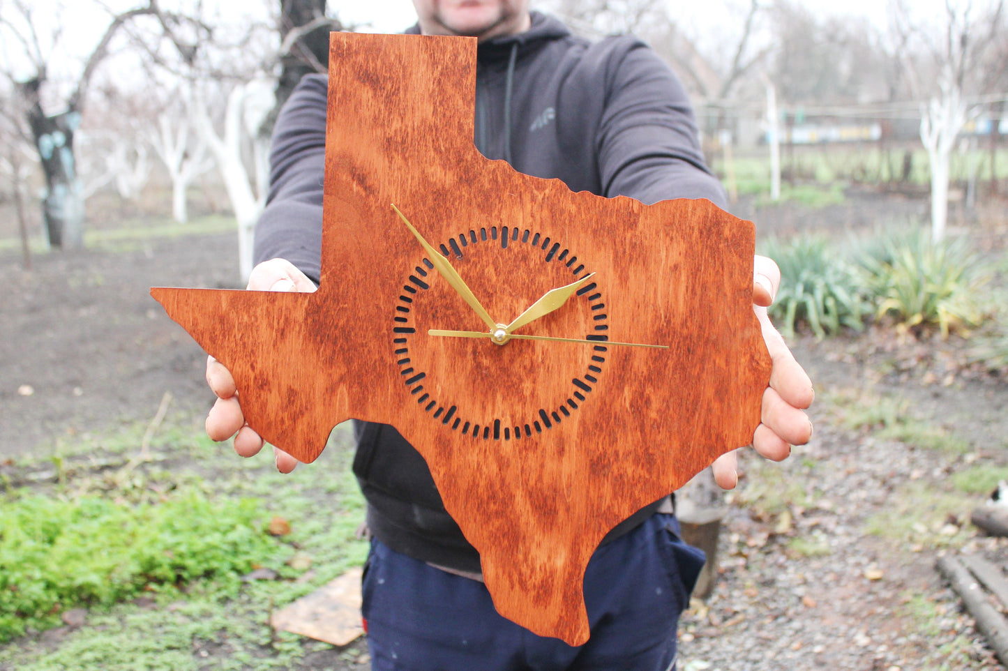 Wooden modern clock - Texas - state - red wood color - 350 mm - 13.8 inches - handmade clock - Silent clock mechanism