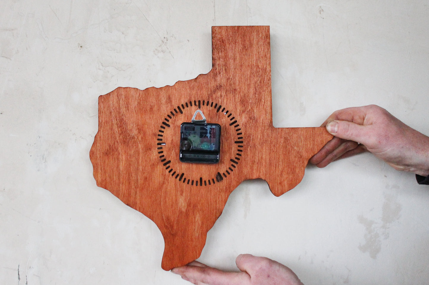 Wooden modern clock - Texas - state - red wood color - 350 mm - 13.8 inches - handmade clock - Silent clock mechanism
