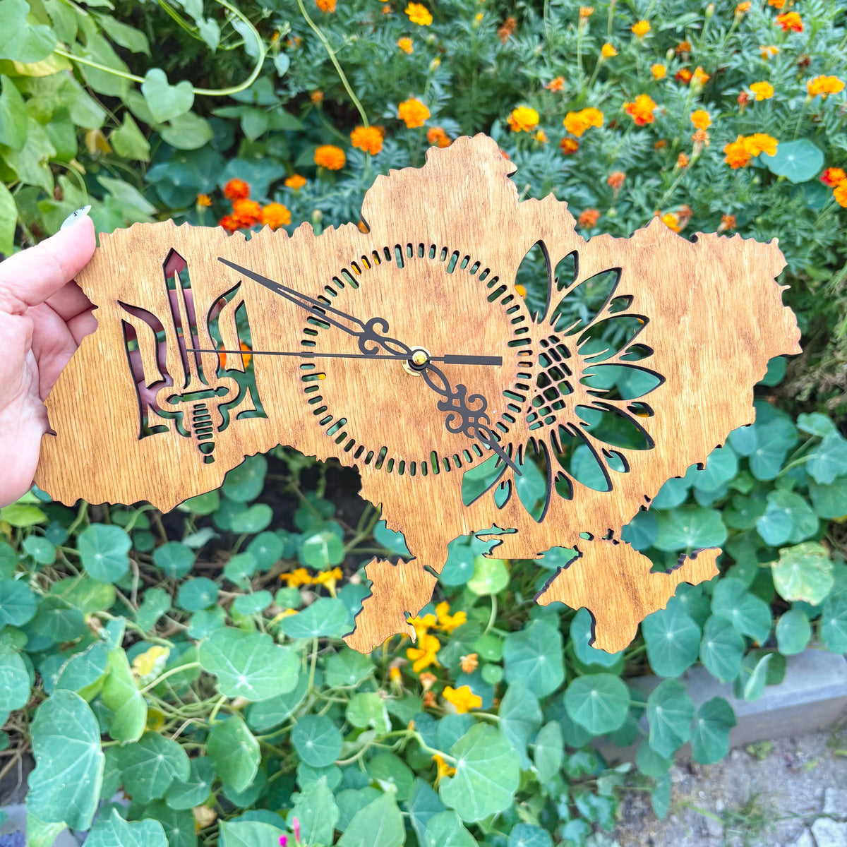 Ukraine Map Wall Clock, Handmade Birch Plywood, Walnut Finish, Sunflower and Tryzub Decor, 14 Inch Ukrainian Home Gift