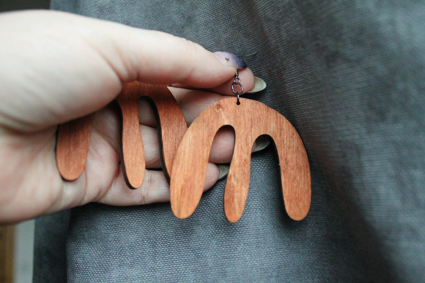 Wooden unique boho earrings - red wood color - 2.3 inches - with silver plated hooks - handmade earrings