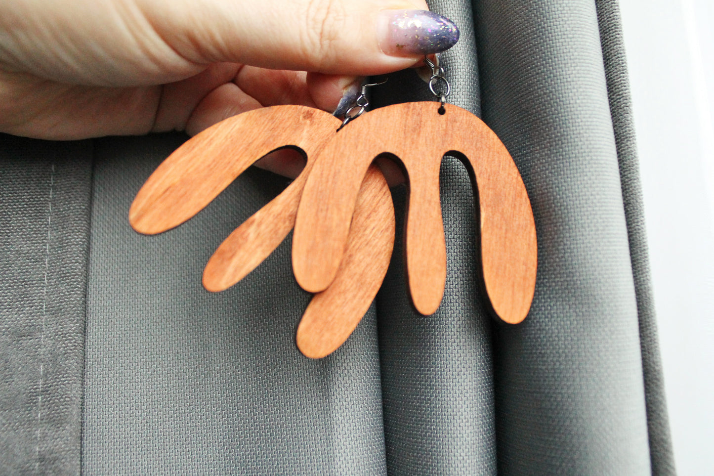 Wooden unique boho earrings - red wood color - 2.3 inches - with silver plated hooks - handmade earrings
