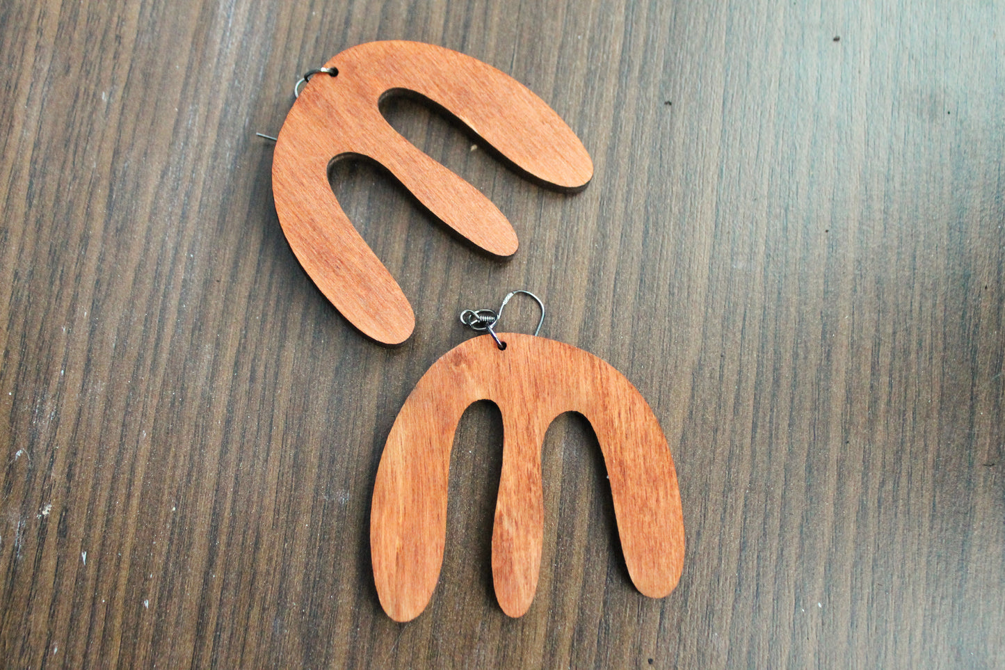 Wooden unique boho earrings - red wood color - 2.3 inches - with silver plated hooks - handmade earrings