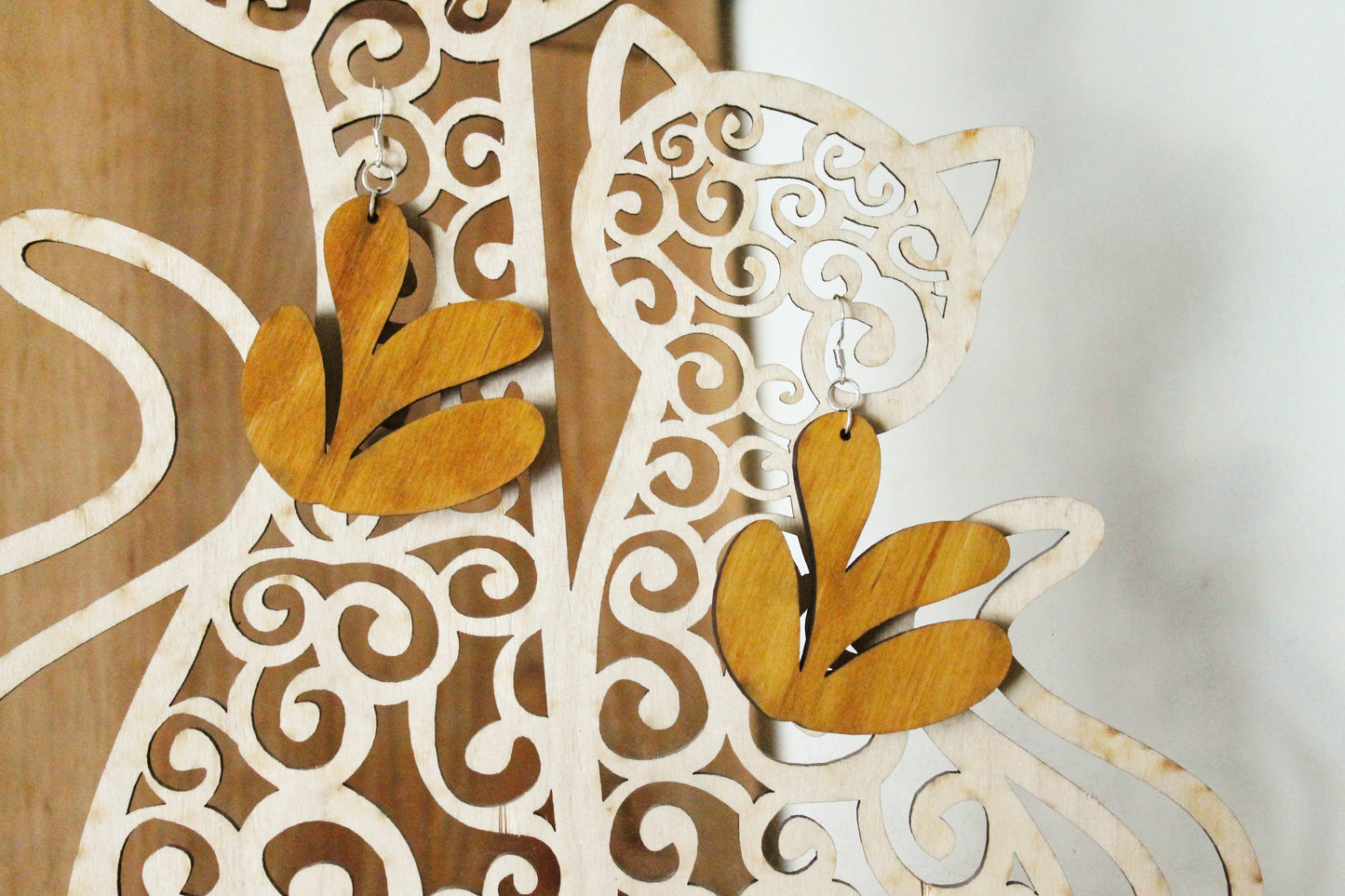 Wooden unique boho earrings - walnut color - 2.2 inches - with silver plated hooks - handmade earrings