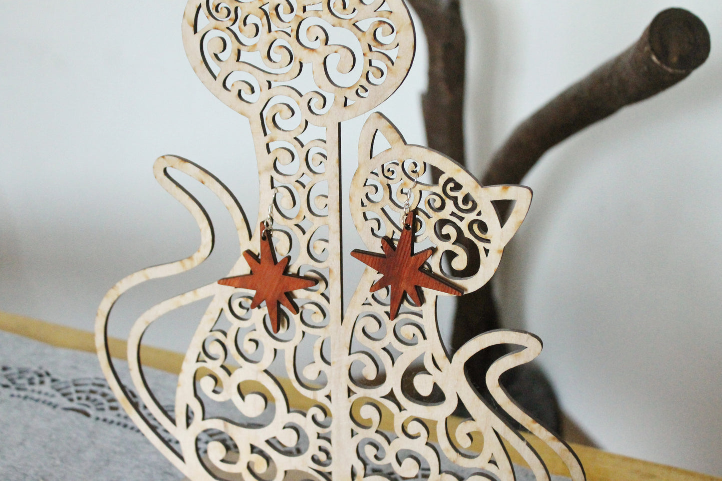 Wooden unique boho star earrings - red wood color - 2.2 inches - with silver plated hooks - handmade earrings
