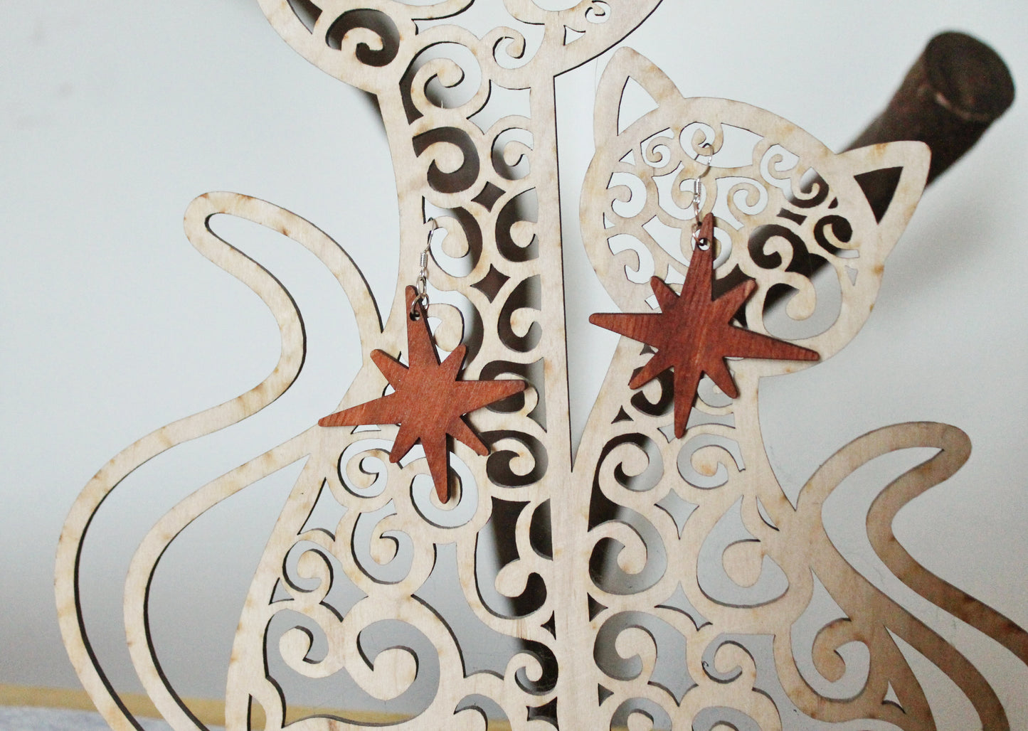 Wooden unique boho star earrings - red wood color - 2.2 inches - with silver plated hooks - handmade earrings