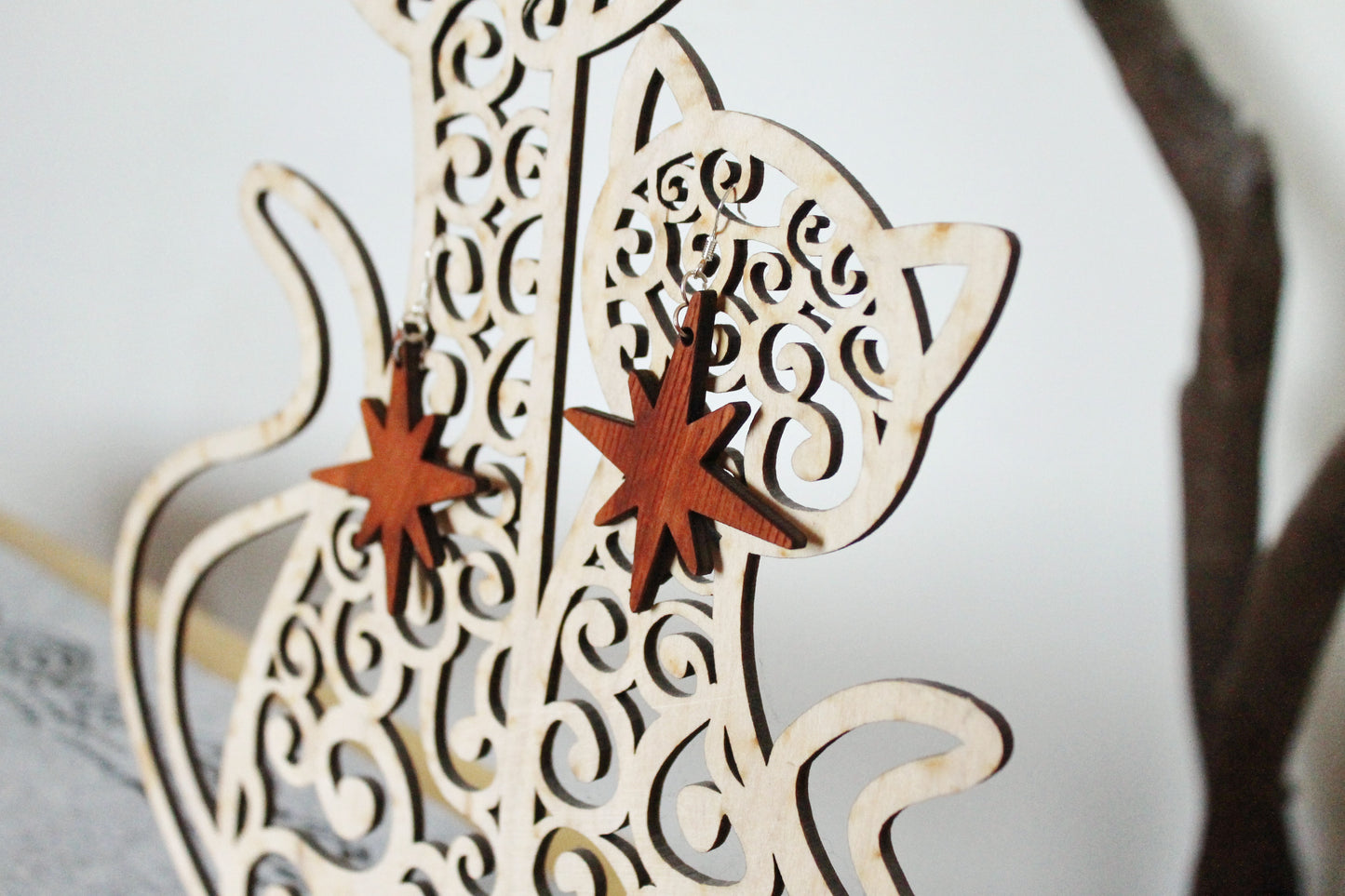 Wooden unique boho star earrings - red wood color - 2.2 inches - with silver plated hooks - handmade earrings